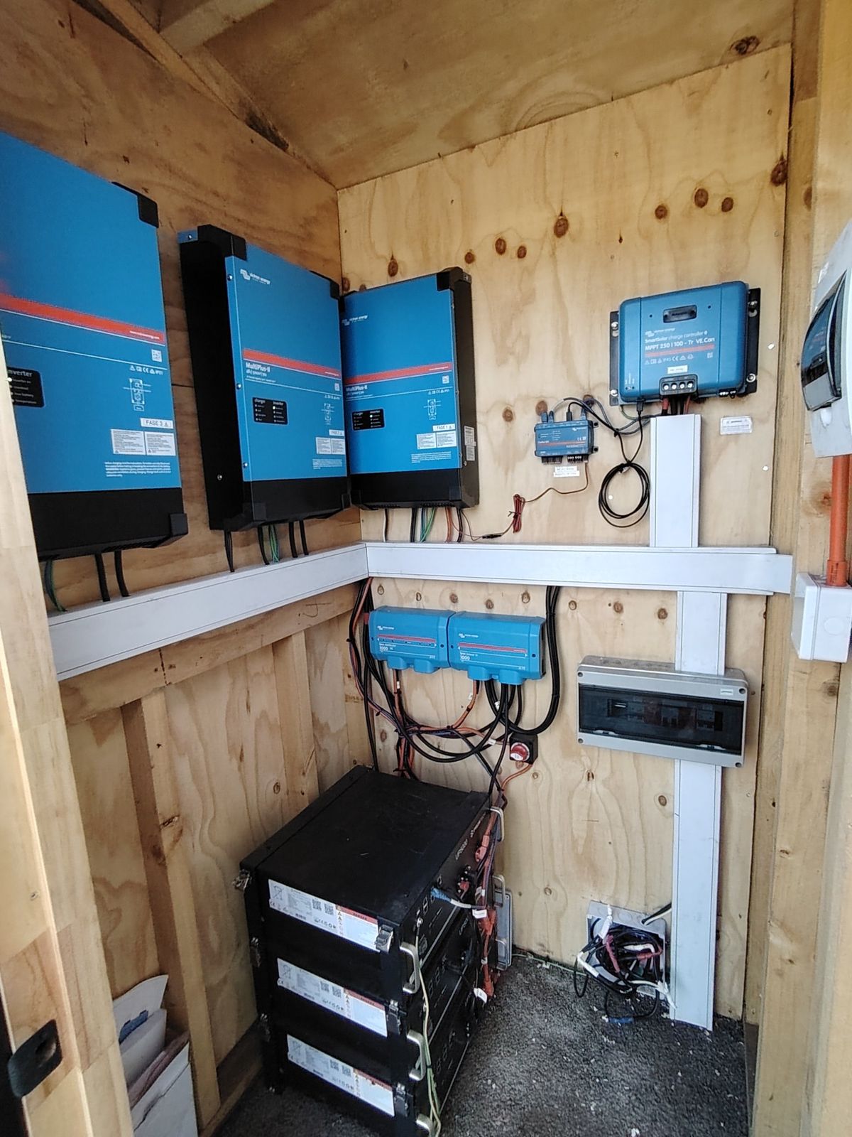 Tres inversores Victron MultiPlus-II en sala de equipos con baterías